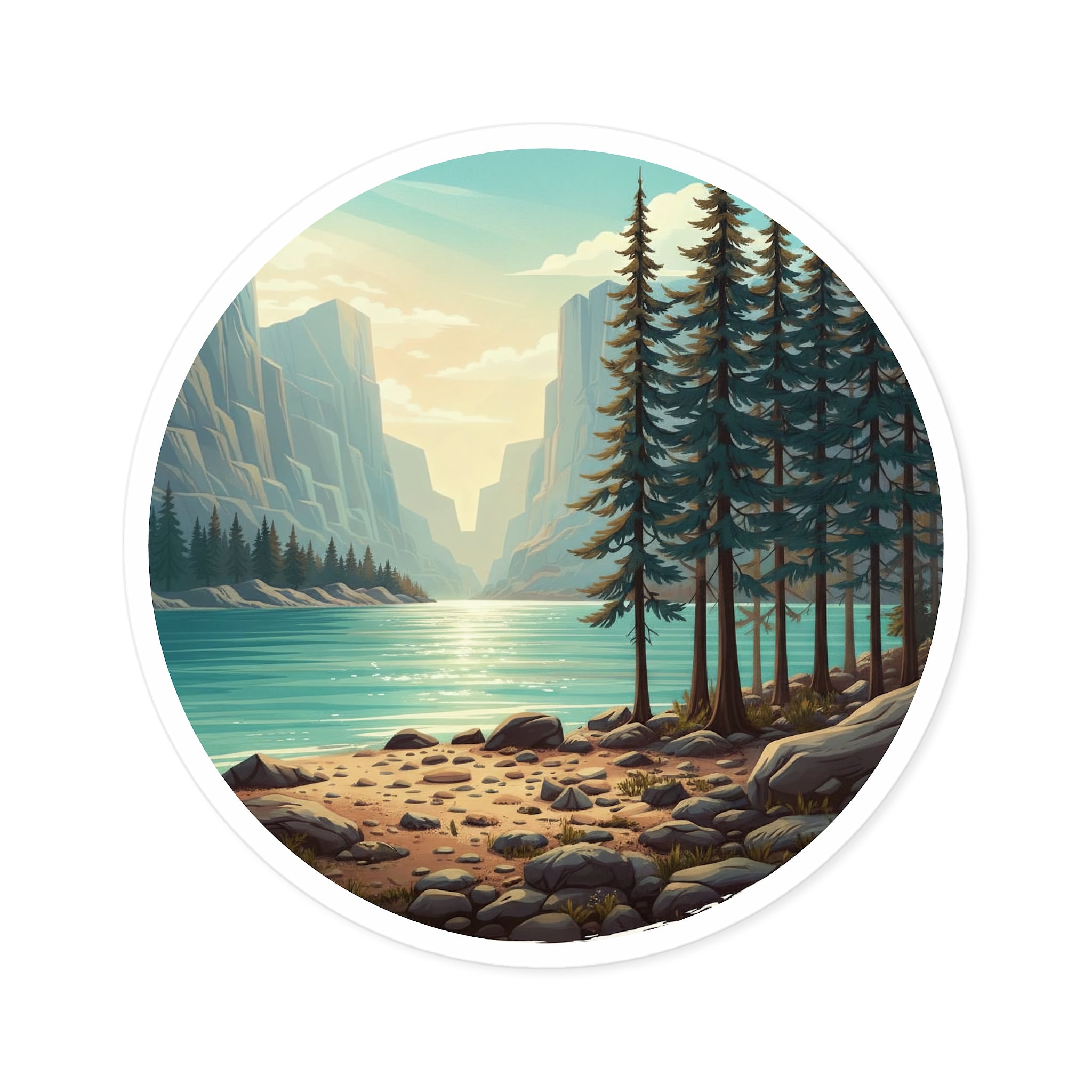 Lakefront Pines Round Sticker — Scenic Outdoor Nature Vinyl Decal