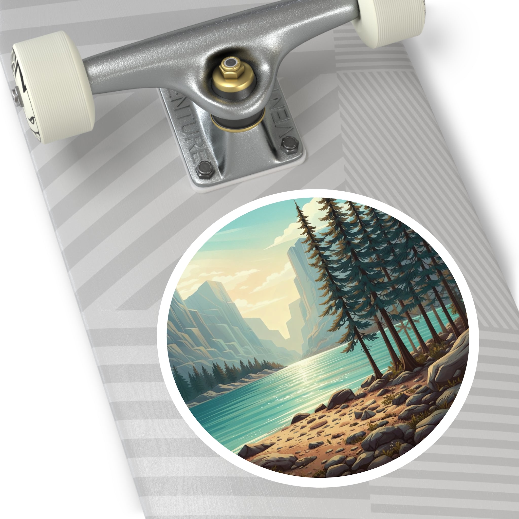Lakefront Pines Round Sticker — Scenic Outdoor Nature Vinyl Decal