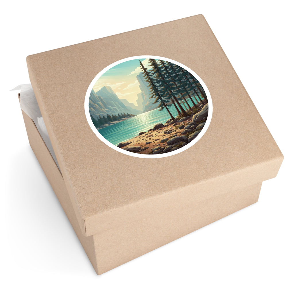 Lakefront Pines Round Sticker — Scenic Outdoor Nature Vinyl Decal
