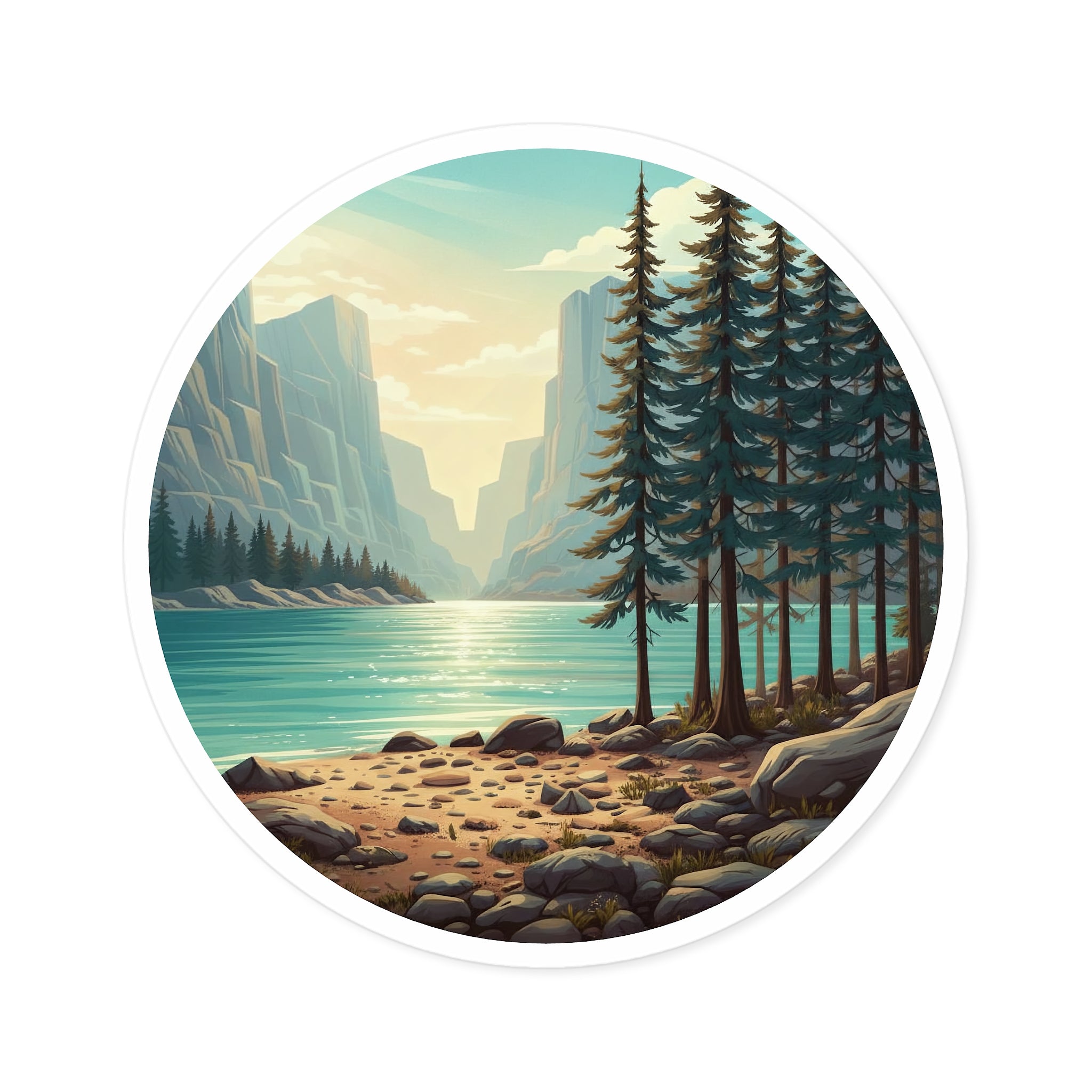 Lakefront Pines Round Sticker — Scenic Outdoor Nature Vinyl Decal