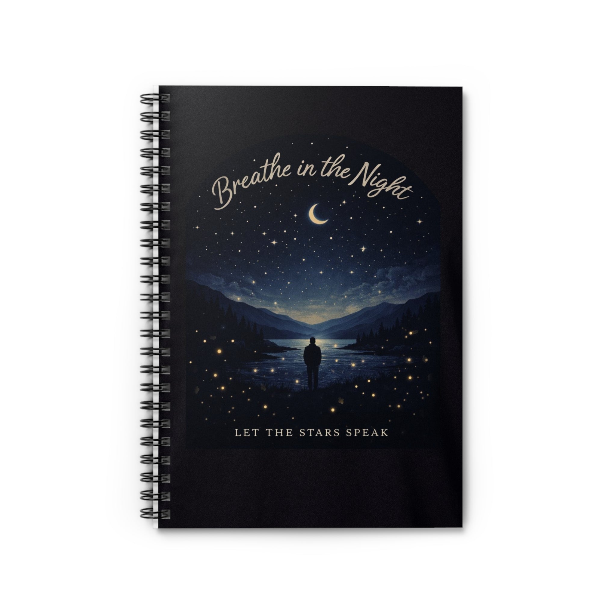 Breathe in the Night notebook | Spiral Ruled Journal, starry moon landscape