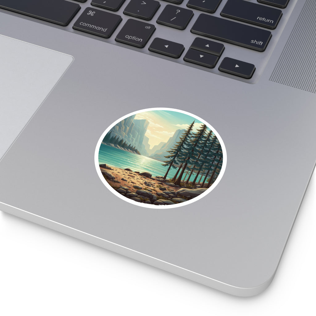 Lakefront Pines Round Sticker — Scenic Outdoor Nature Vinyl Decal