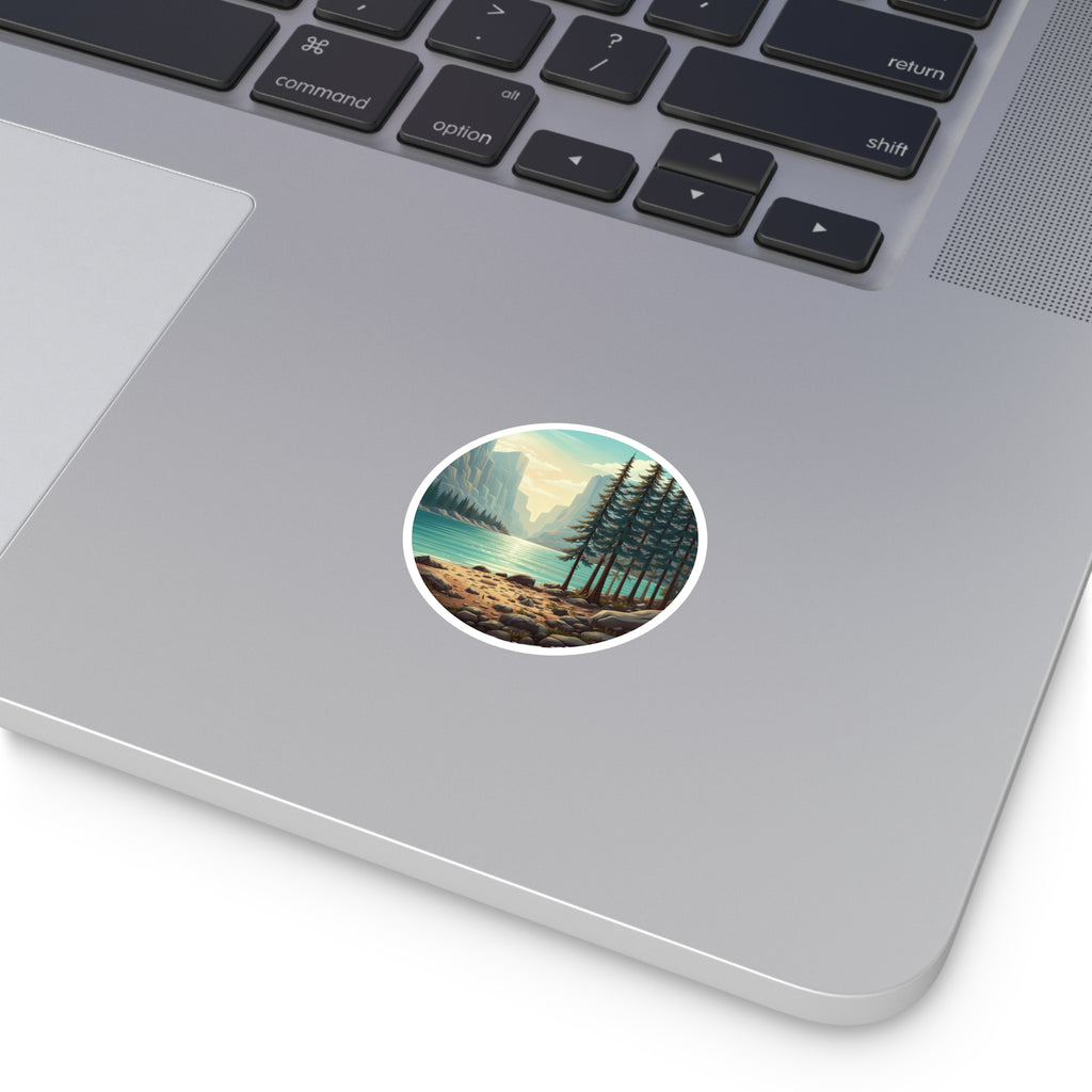 Lakefront Pines Round Sticker — Scenic Outdoor Nature Vinyl Decal