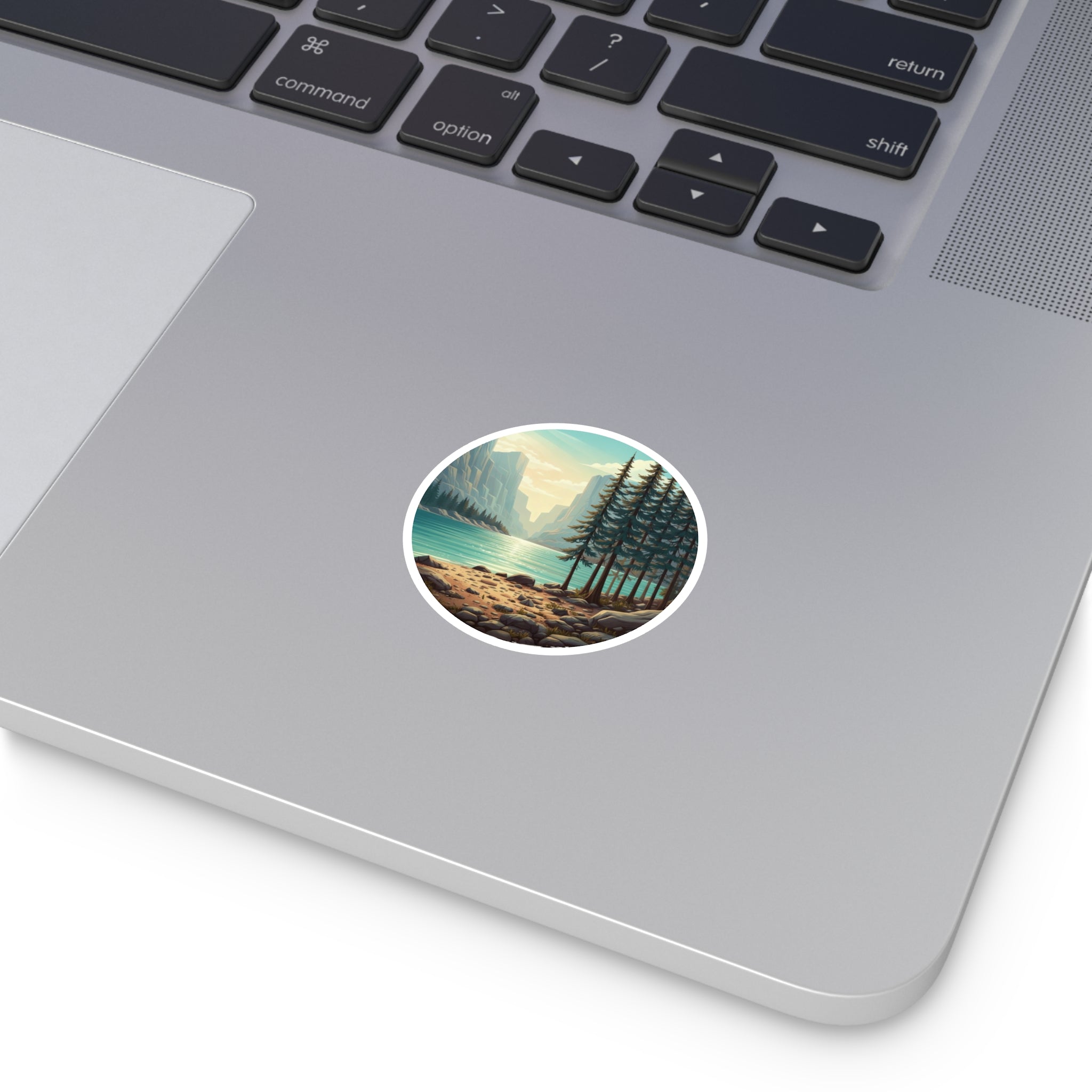 Lakefront Pines Round Sticker — Scenic Outdoor Nature Vinyl Decal