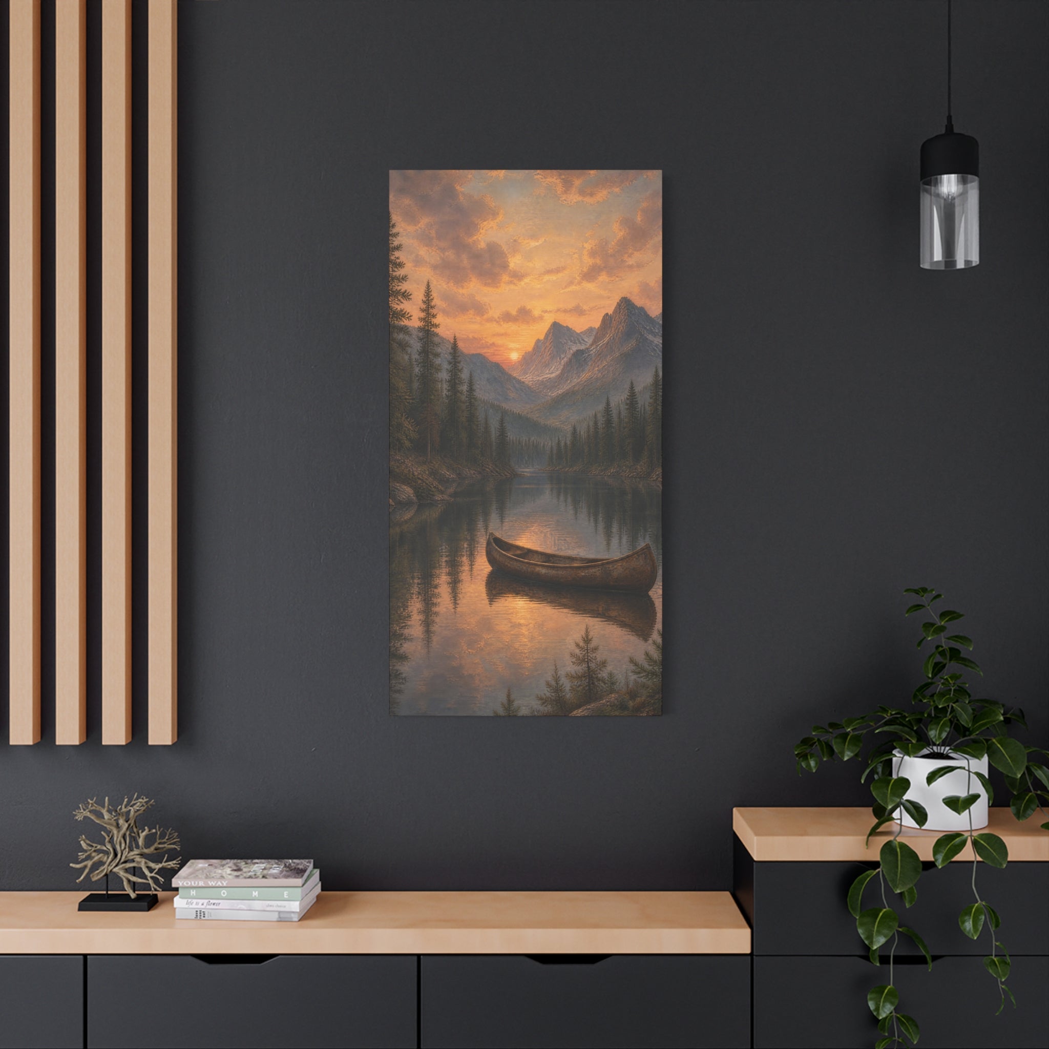 Sunset Canoe Lake Landscape Matte Canvas