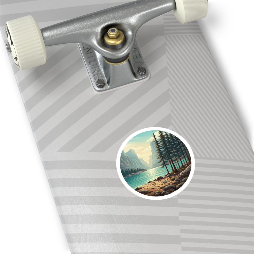 Lakefront Pines Round Sticker — Scenic Outdoor Nature Vinyl Decal