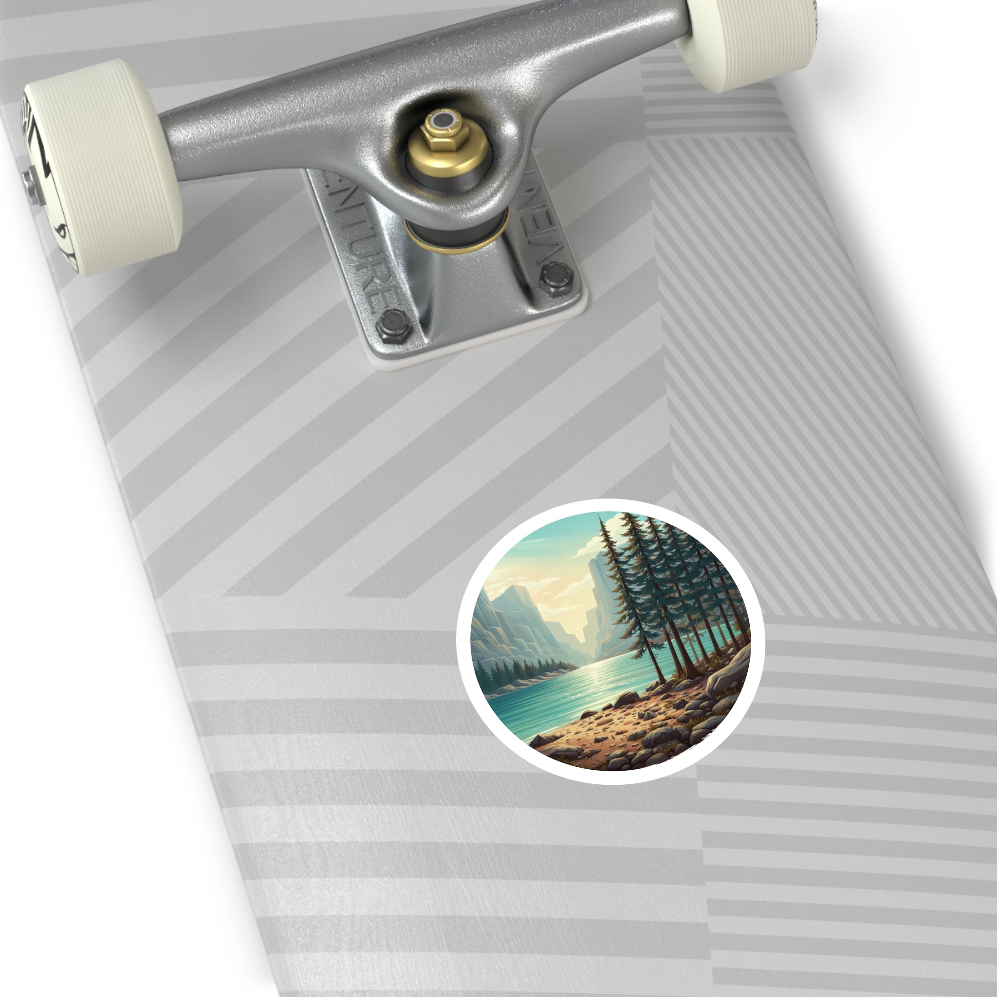 Lakefront Pines Round Sticker — Scenic Outdoor Nature Vinyl Decal