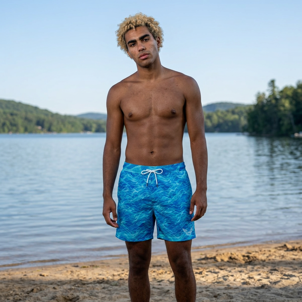Men's Blue Ocean Wave Swim Shorts – Mid-Length Beach Trunks