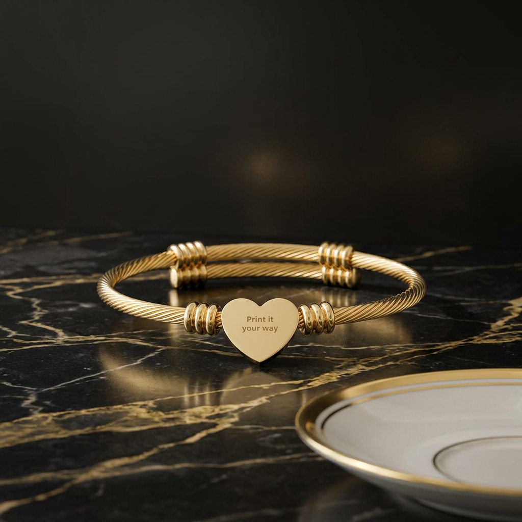 Engravable Heart Cuff Bracelet, Cable Wire Heart Bracelet | Personalized Jewelry