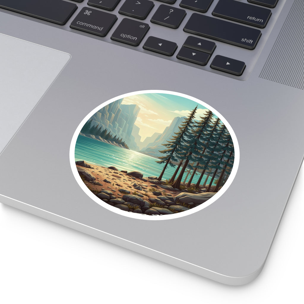 Lakefront Pines Round Sticker — Scenic Outdoor Nature Vinyl Decal