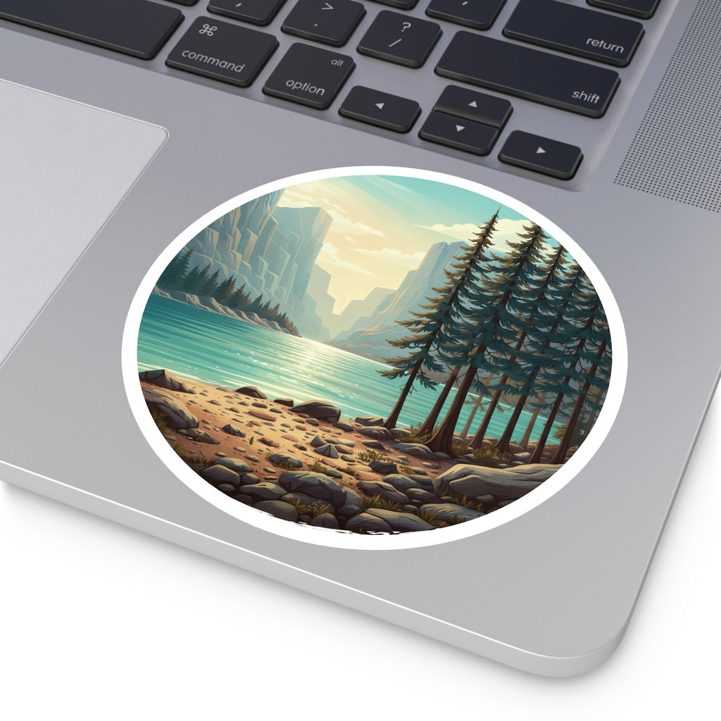 Lakefront Pines Round Sticker — Scenic Outdoor Nature Vinyl Decal