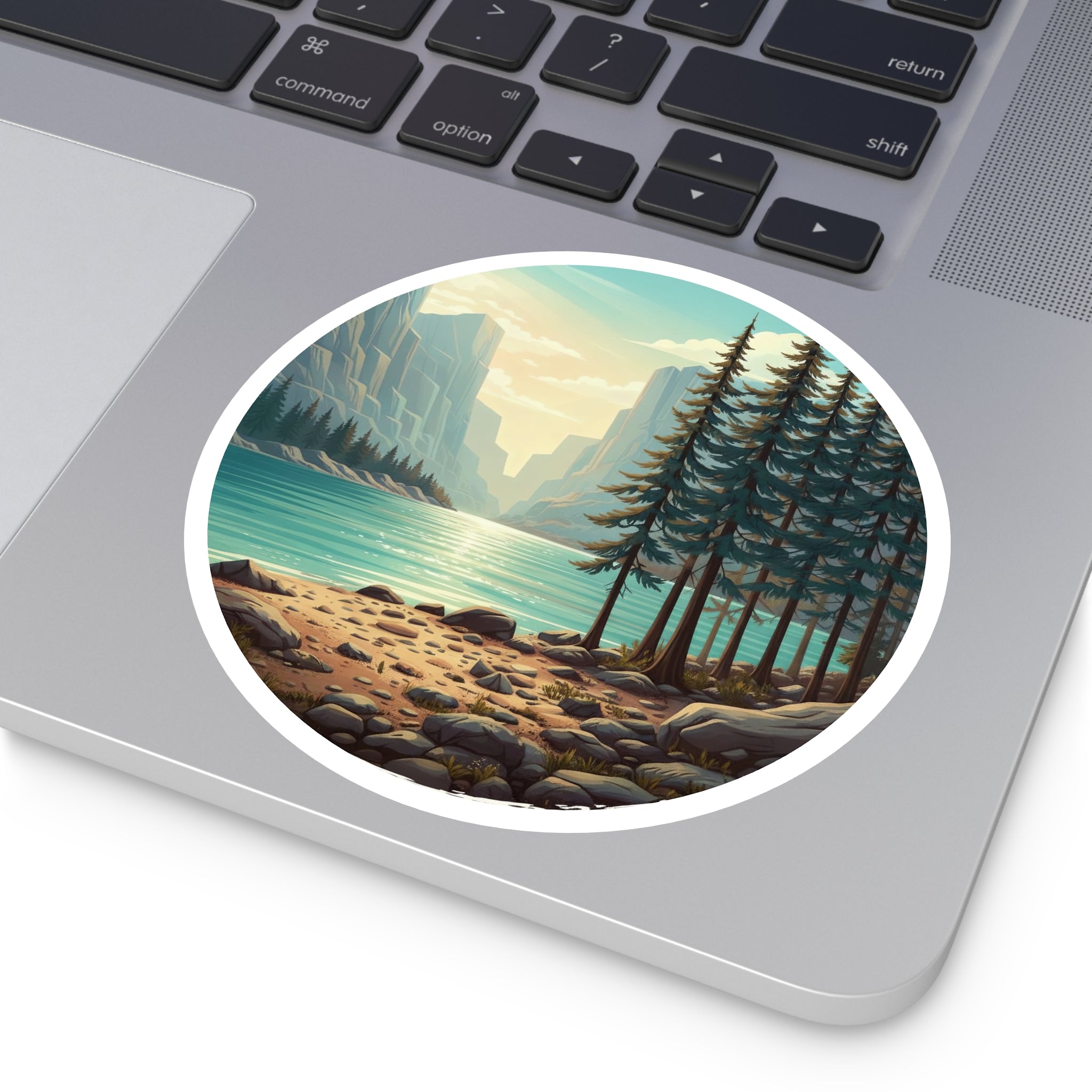 Lakefront Pines Round Sticker — Scenic Outdoor Nature Vinyl Decal