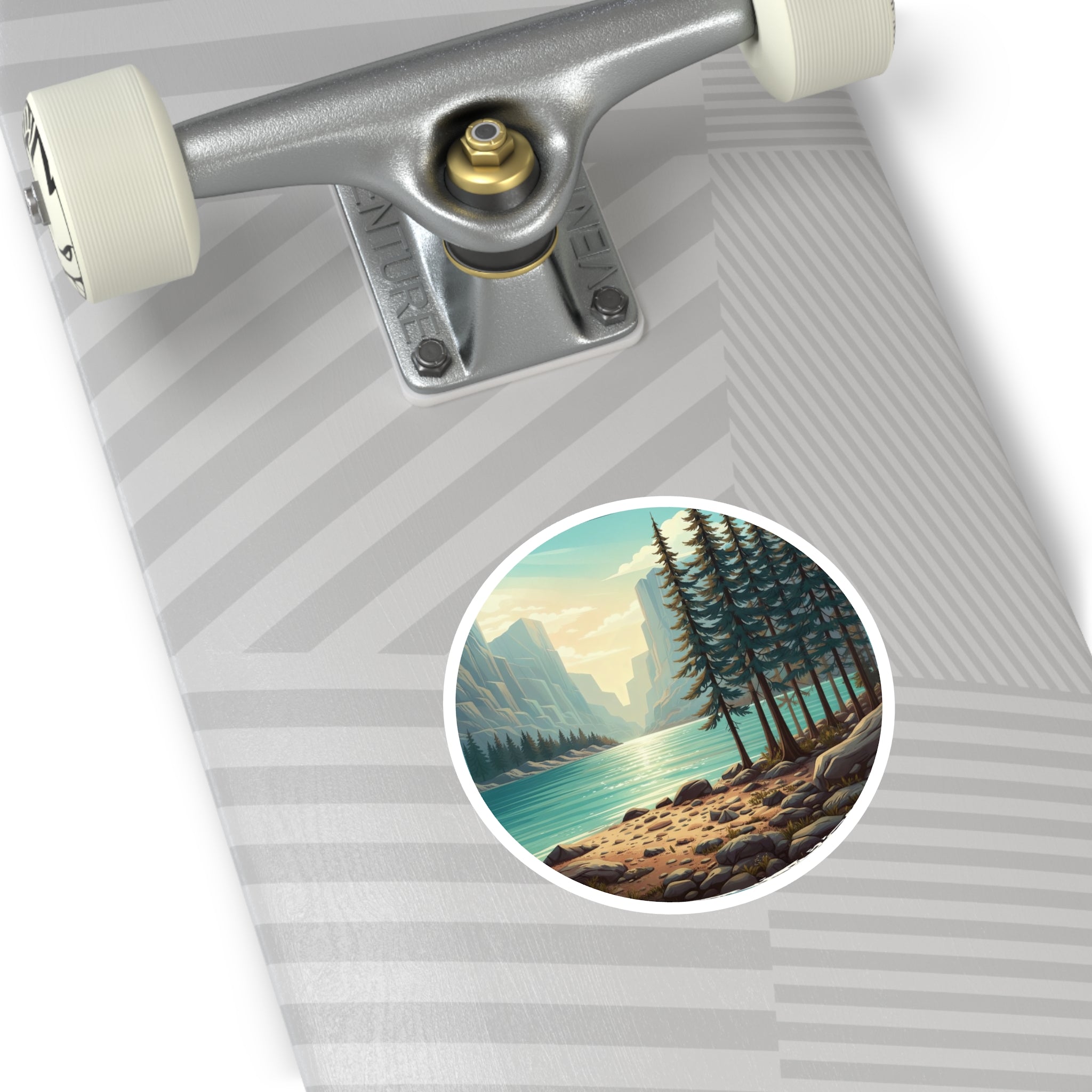 Lakefront Pines Round Sticker — Scenic Outdoor Nature Vinyl Decal