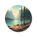 Lakefront Pines Round Sticker — Scenic Outdoor Nature Vinyl Decal