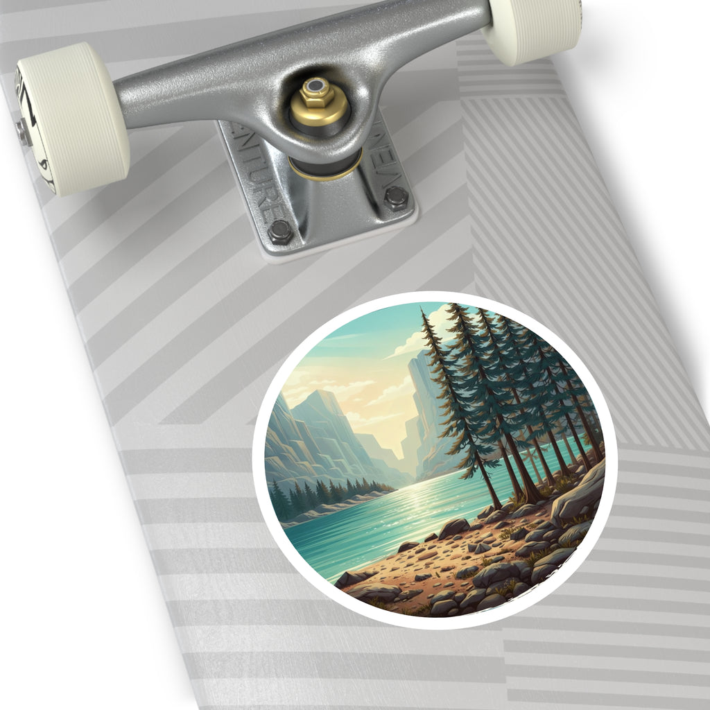 Lakefront Pines Round Sticker — Scenic Outdoor Nature Vinyl Decal